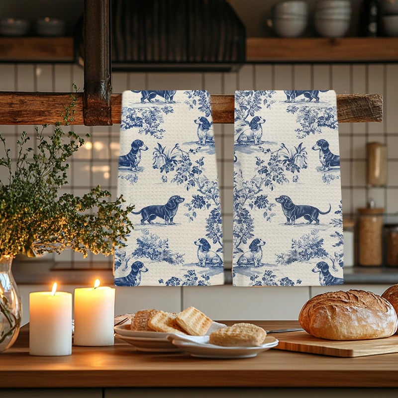 EKGJW Chinoiserie Dachshund Kitchen Towels, Dachshund Weiner Dog Lover Gifts Dish Tea Towels for Kitchen Decor, Grandmillennial Toile de Jouy Dog Hand Towels for Bathroom, 16x24 Inch Set of 2 - Image 4